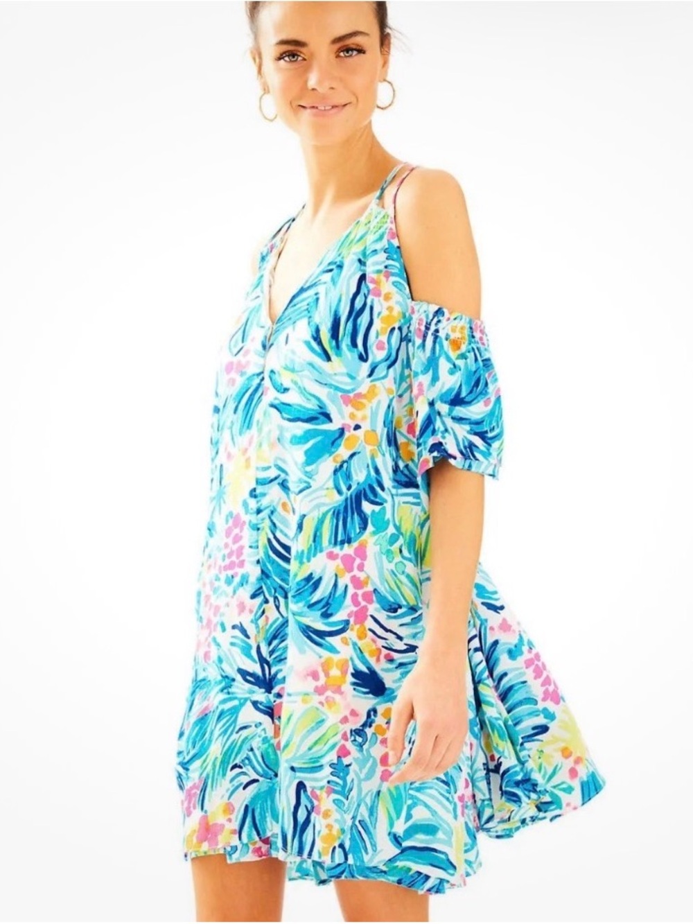 LILLY PULITZER Bellamie Dress Serene Blue Tippy Top Cold Shoulder Tropical Small